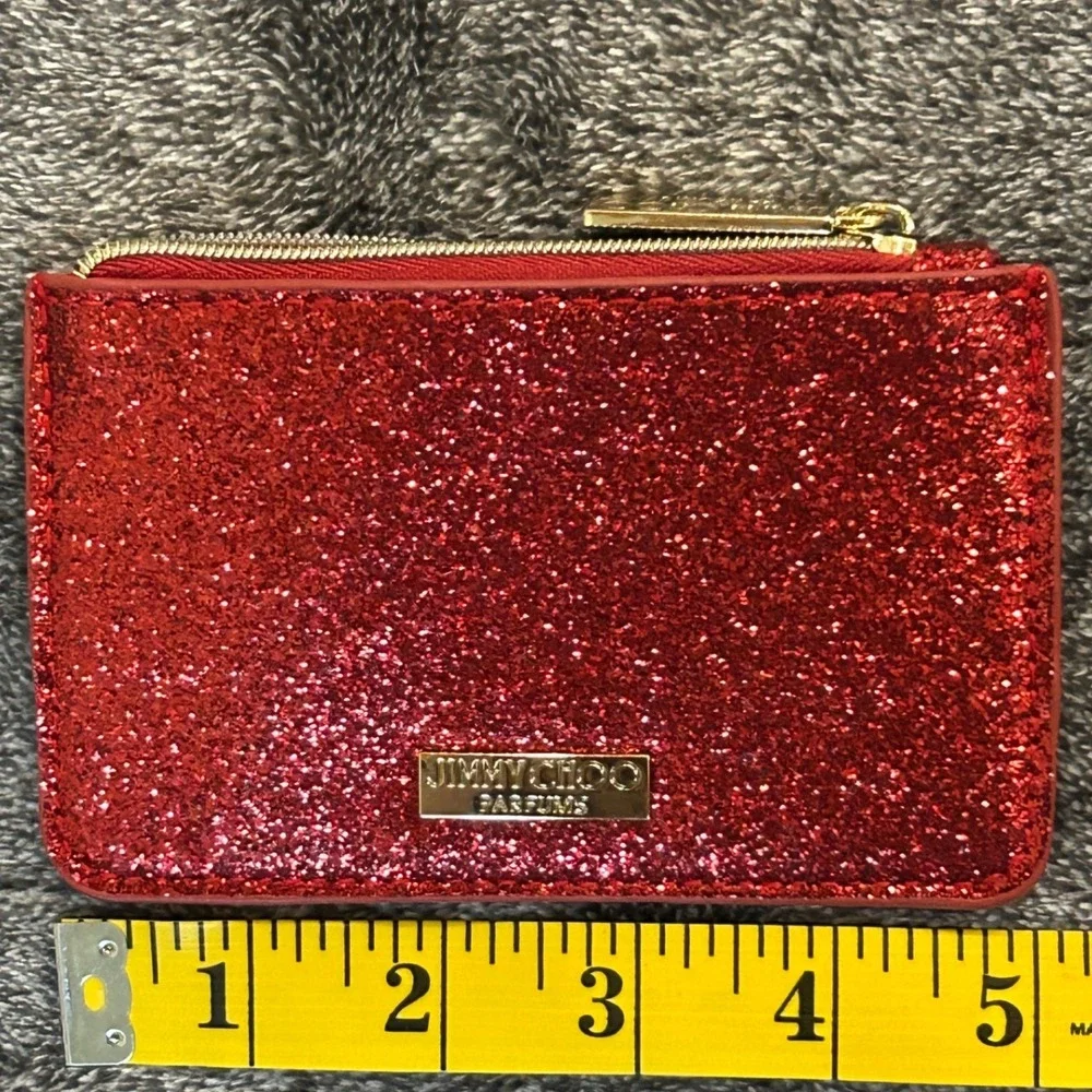 Jimmy Choo Parfums Red Glitter Zip Coin Purse Card Holder Gold Tone Logo Pouch